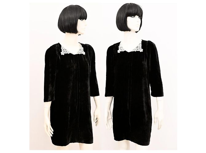 Sandro Mini-Kleid aus Samtseide mit schwarzem Spitzenkragen Größe 1 Weiß - Ansicht 5