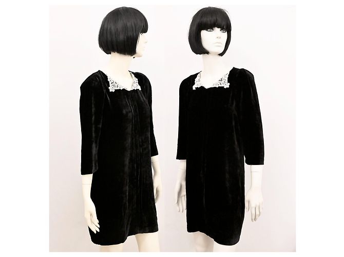 Sandro Mini-Kleid aus Samtseide mit schwarzem Spitzenkragen Größe 1 Weiß - Ansicht 6