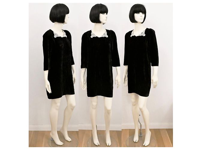 Sandro Mini-Kleid aus Samtseide mit schwarzem Spitzenkragen Größe 1 Weiß - Ansicht 7