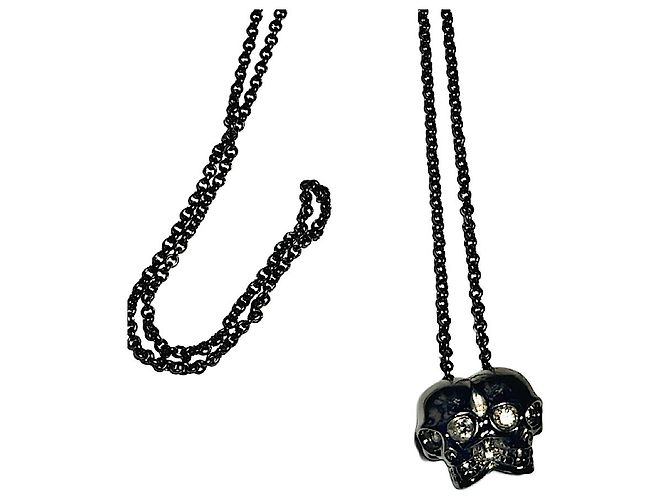 Echter Alexander McQueen seltener silberner Doppel-Swarovski-Schädel-Halskette Silber Hardware - Ansicht 2