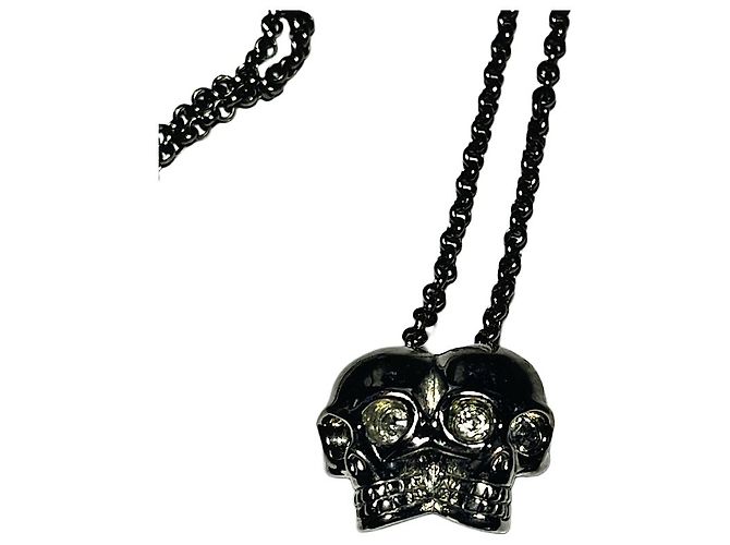 Echter Alexander McQueen seltener silberner Doppel-Swarovski-Schädel-Halskette Silber Hardware - Ansicht 4
