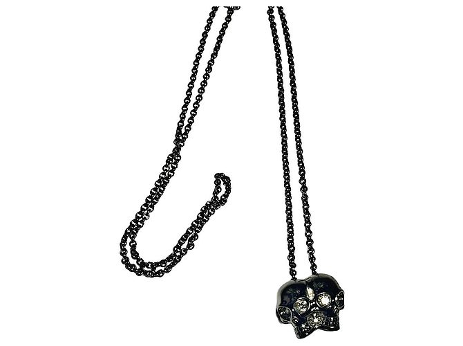 Echter Alexander McQueen seltener silberner Doppel-Swarovski-Schädel-Halskette Silber Hardware - Ansicht 5
