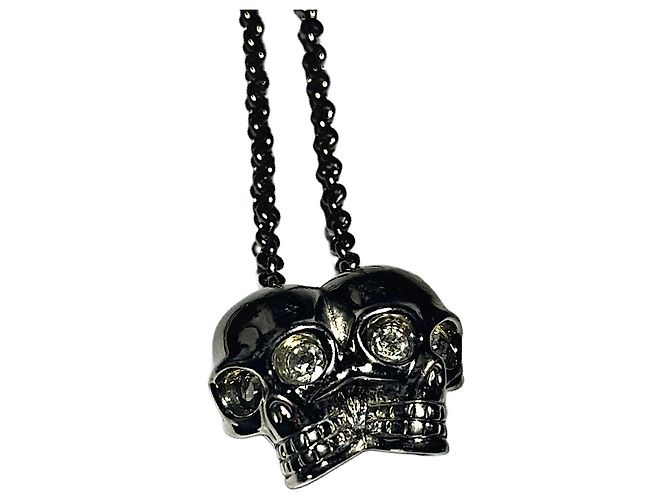 Echter Alexander McQueen seltener silberner Doppel-Swarovski-Schädel-Halskette Silber Hardware - Ansicht 6