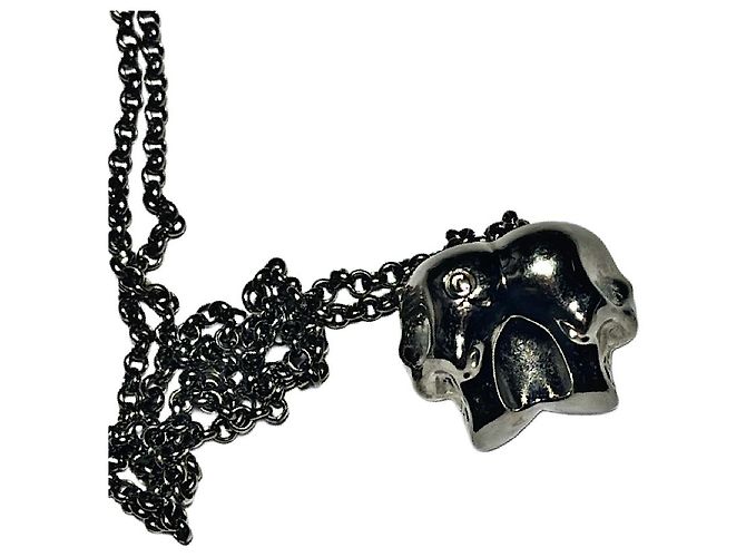 Echter Alexander McQueen seltener silberner Doppel-Swarovski-Schädel-Halskette Silber Hardware - Ansicht 7