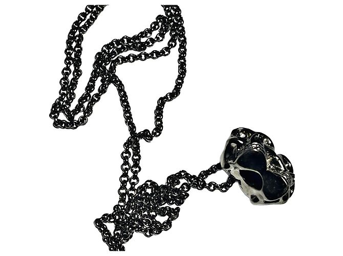Echter Alexander McQueen seltener silberner Doppel-Swarovski-Schädel-Halskette Silber Hardware - Ansicht 8