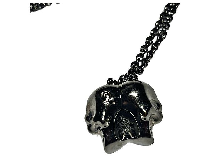 Echter Alexander McQueen seltener silberner Doppel-Swarovski-Schädel-Halskette Silber Hardware - Ansicht 9
