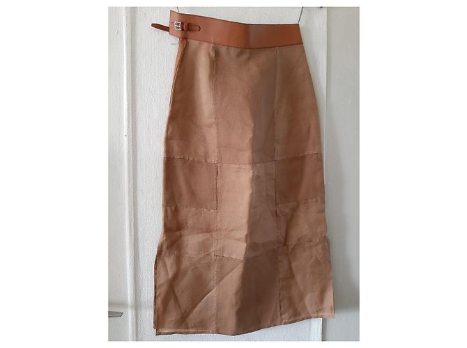 Falda Hermès de seda y cuero Camel Talla 34 Camello - vista 2