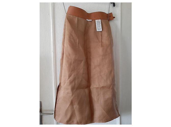 Falda Hermès de seda y cuero Camel Talla 34 Camello - vista 3