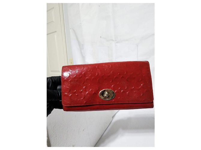Coach Slim Envelope Signature Embossed Patent Leather Wallet On Chain Red - view 15