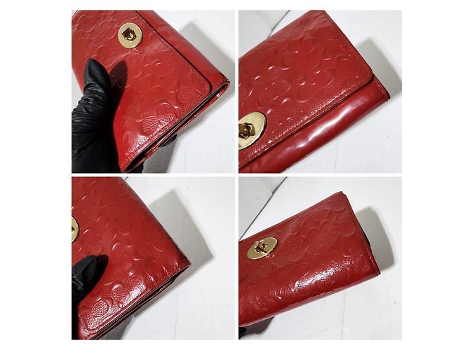 Coach Slim Envelope Signature Embossed Patent Leather Wallet On Chain Red - view 9