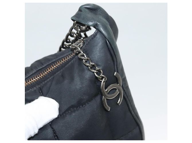 CHANEL Borsa a Spalla Choco Bar con Catena Nylon Nero Argento CC Auth 118385 - vista 15