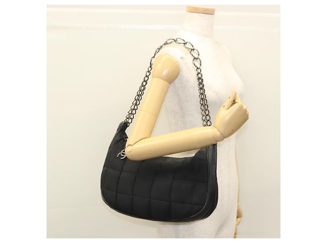 CHANEL Borsa a Spalla Choco Bar con Catena Nylon Nero Argento CC Auth 118385 - vista 23