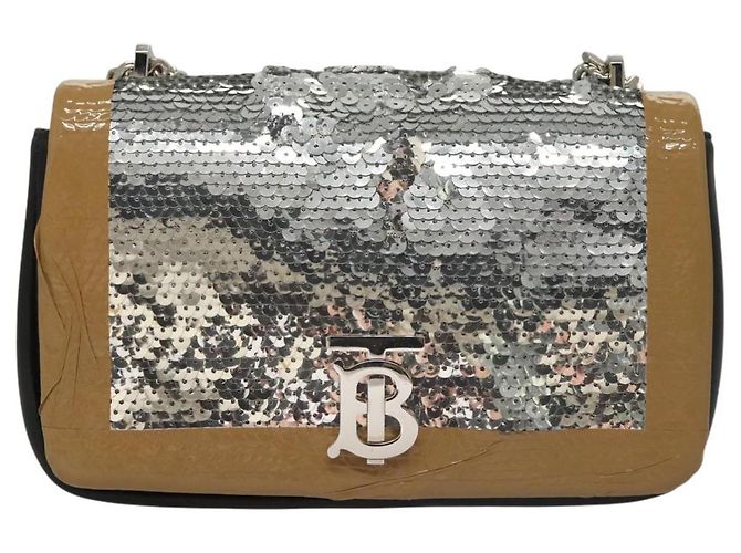 Borsa a spalla in pelle con paillettes Burberry argento Auth BA1535 - vista 13