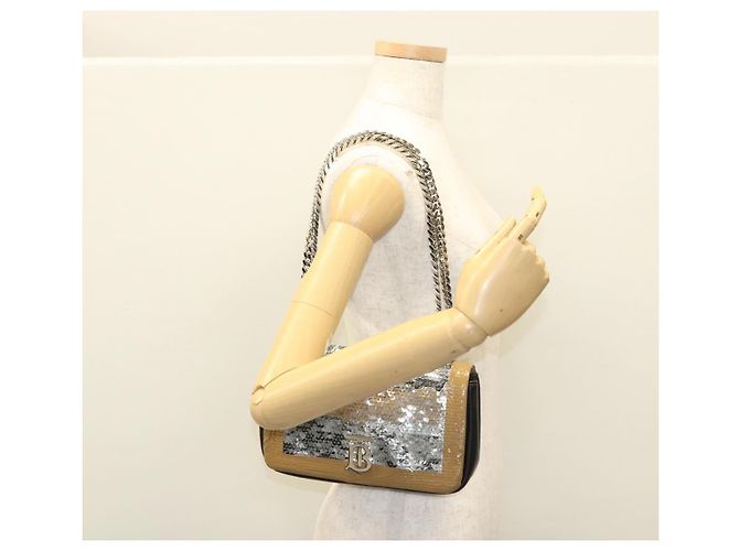 Borsa a spalla in pelle con paillettes Burberry argento Auth BA1535 - vista 23