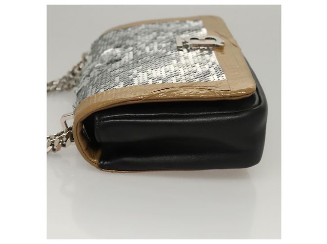 Borsa a spalla in pelle con paillettes Burberry argento Auth BA1535 - vista 4