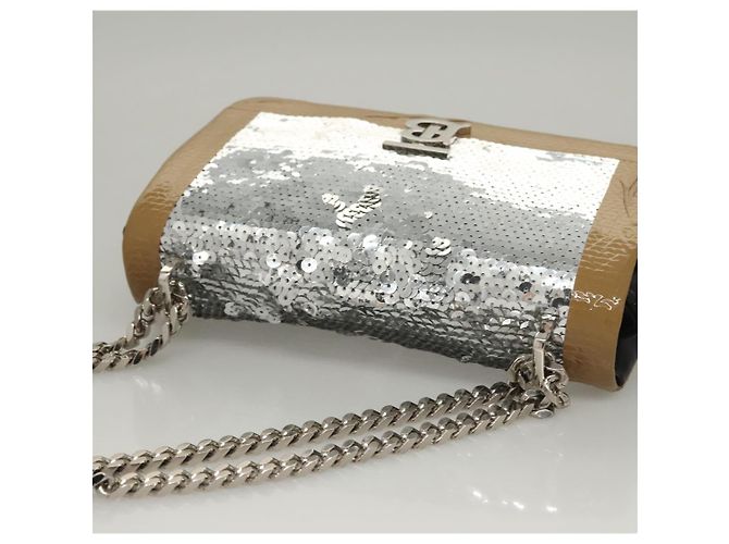Borsa a spalla in pelle con paillettes Burberry argento Auth BA1535 - vista 6