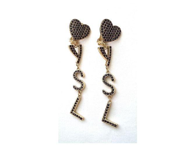 Ottime condizioni - Orecchini monogramma Saint Laurent neri e dorati Nero D'oro Gold hardware - vista 2