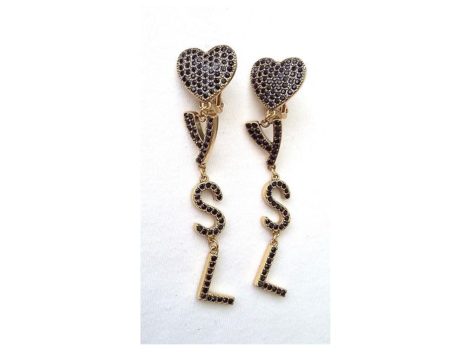 Ottime condizioni - Orecchini monogramma Saint Laurent neri e dorati Nero D'oro Gold hardware - vista 8