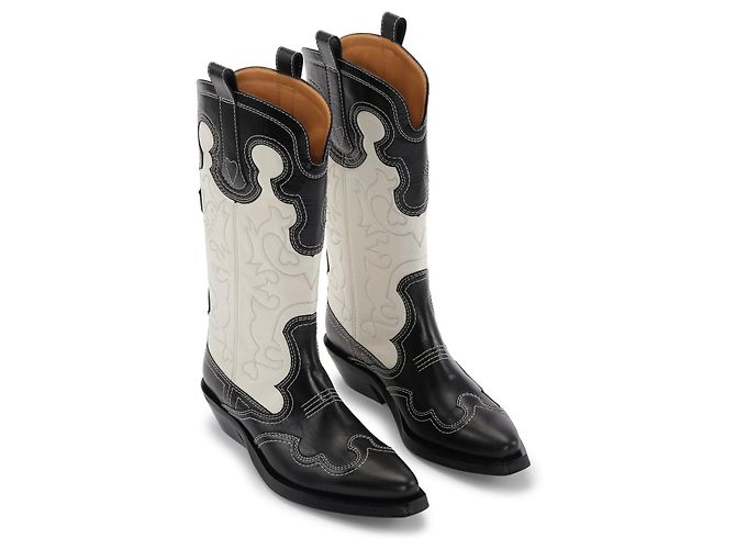 Botines de vaquero de cuero Ganni Negro Blanco - vista 2