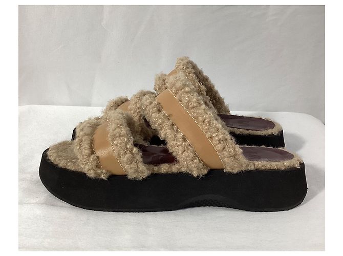Staud Siesta Shearling Slide Sandalen aus braunem Leder Rot - Ansicht 12