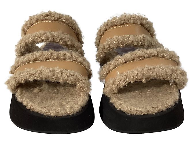 Staud Siesta Shearling Slide Sandalen aus braunem Leder Rot - Ansicht 2