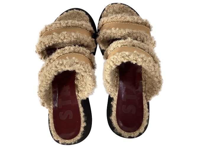 Staud Siesta Shearling Slide Sandalen aus braunem Leder Rot - Ansicht 4
