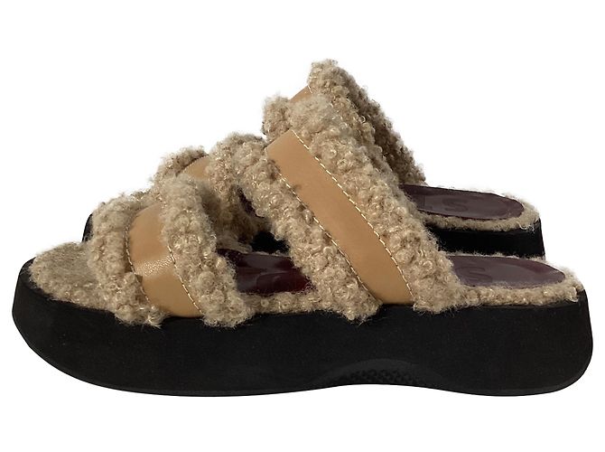 Staud Siesta Shearling Slide Sandalen aus braunem Leder Rot - Ansicht 5