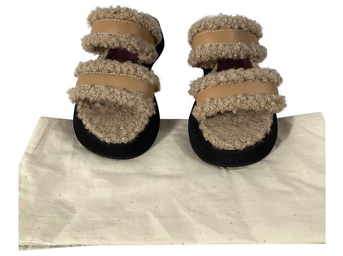 Staud Siesta Shearling Slide Sandalen aus braunem Leder Rot - Ansicht 6