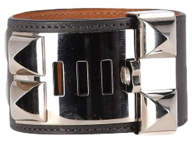 Ring Bracciale Collier de Chien in pelle box nera placcato in palladio Hermès Nero - vista 3