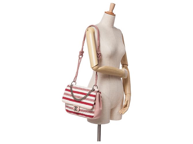 Chanel Rosa Jumbo Strisce Jersey Feltro e Corda Flap - vista 10