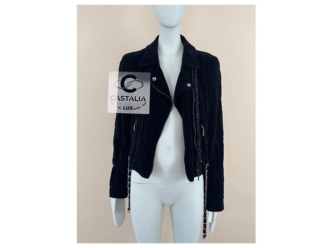 Chanel Seltene schwarze Samt-Bikerjacke mit Besatz 40 FR - Ansicht 11