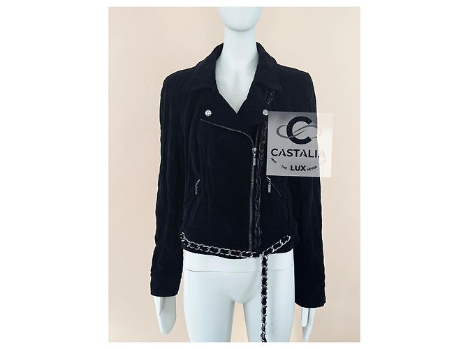 Chanel Seltene schwarze Samt-Bikerjacke mit Besatz 40 FR - Ansicht 2