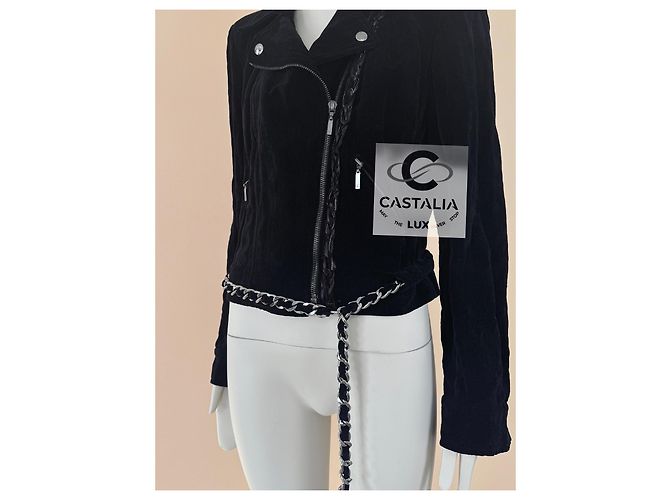 Chanel Seltene schwarze Samt-Bikerjacke mit Besatz 40 FR - Ansicht 3