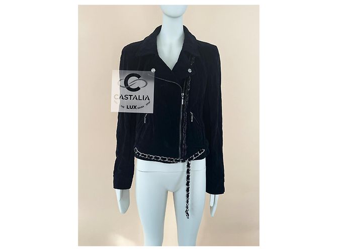 Chanel Seltene schwarze Samt-Bikerjacke mit Besatz 40 FR - Ansicht 6