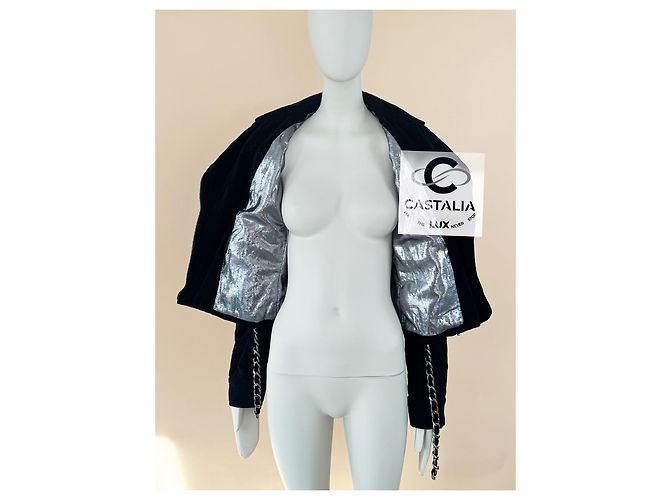 Chanel Seltene schwarze Samt-Bikerjacke mit Besatz 40 FR - Ansicht 7