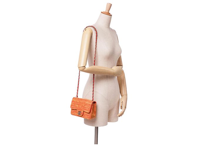 Chanel Arancione Mini Quadrato Classico in Vernice Striato con Patta Singola - vista 11