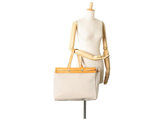 Hermès Borsa Cabas GM Toile Marrone Herbag Beige - vista 13