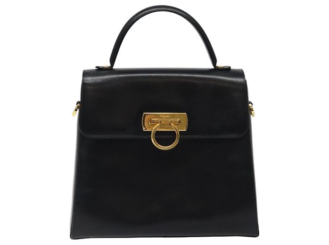 Bolsa de mão em couro preto e dourado Gancini da Salvatore Ferragamo Auth yk17898 - vista 13