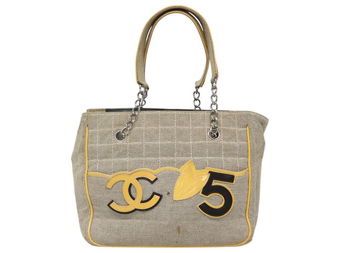CHANEL Borsa Tote Choco Bar Canvas Beige Giallo CC Auth 116301 - vista 2