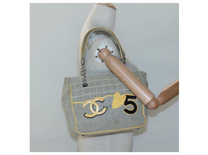 CHANEL Borsa Tote Choco Bar Canvas Beige Giallo CC Auth 116301 - vista 21