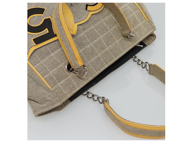 CHANEL Borsa Tote Choco Bar Canvas Beige Giallo CC Auth 116301 - vista 6
