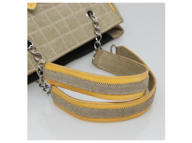 CHANEL Borsa Tote Choco Bar Canvas Beige Giallo CC Auth 116301 - vista 7