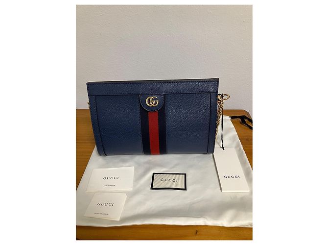 Borsa a mano Gucci Ophidia in pelle blu con catena dorata - vista 2