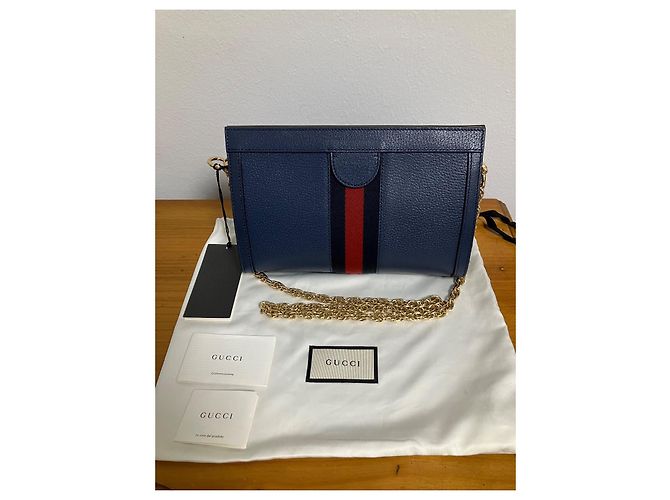 Borsa a mano Gucci Ophidia in pelle blu con catena dorata - vista 3