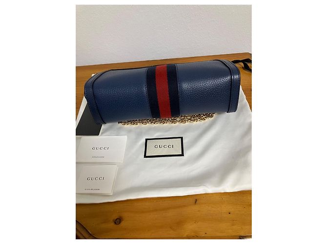 Borsa a mano Gucci Ophidia in pelle blu con catena dorata - vista 4
