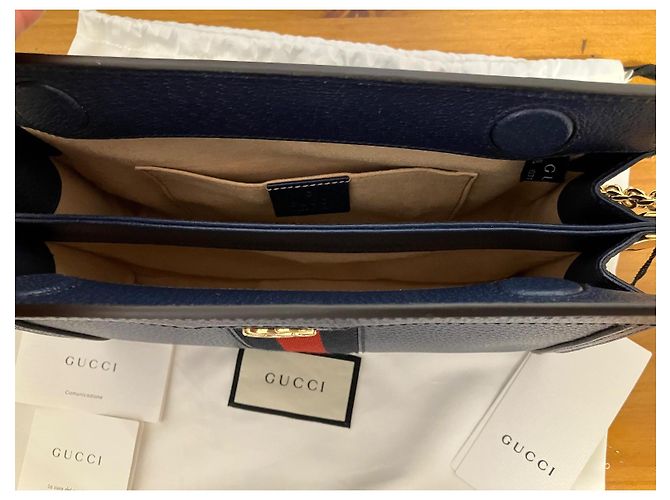 Borsa a mano Gucci Ophidia in pelle blu con catena dorata - vista 7
