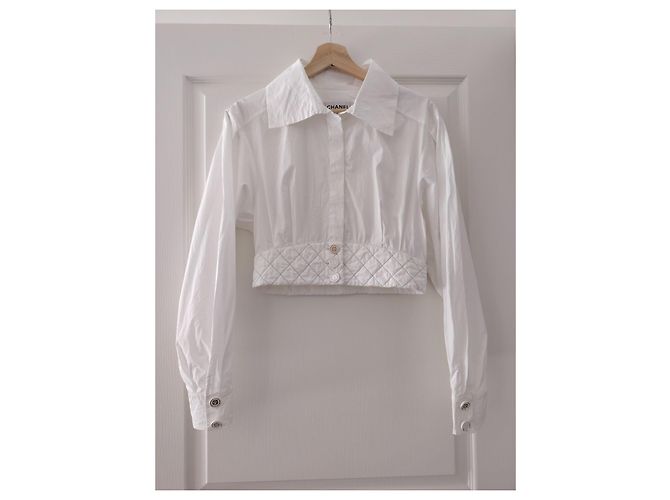 Chanel La Pausa Blusa in seta e cotone bianca a maniche lunghe Bianco - vista 2