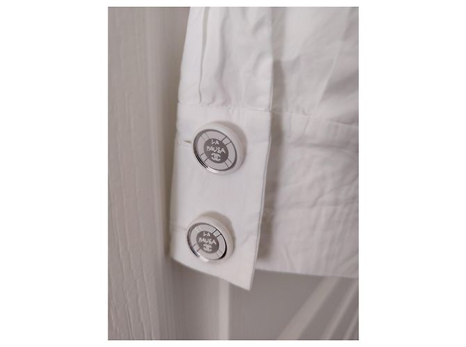 Chanel La Pausa Blusa in seta e cotone bianca a maniche lunghe Bianco - vista 9