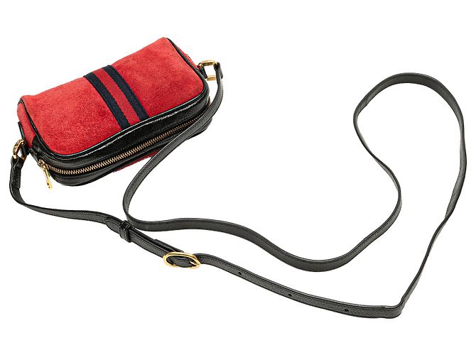 Gucci Mini Borsa a Tracolla Ophidia in Suede Rosso con Banda Web - vista 13