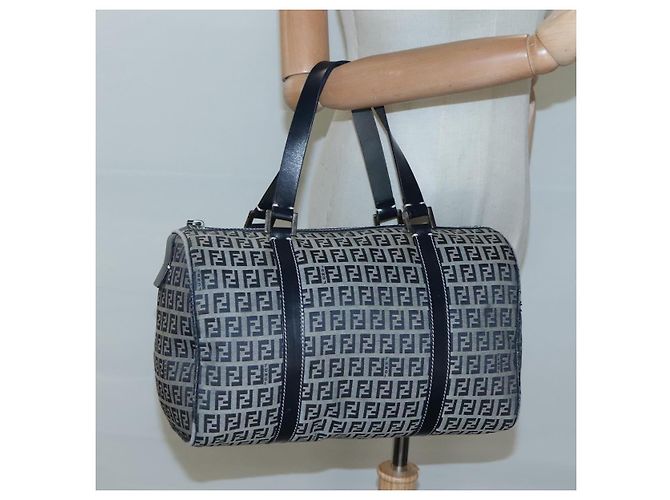 FENDI Zucchino Canvas Boston Tasche Navy Silber Authentisch 120038 Marineblau - Ansicht 22